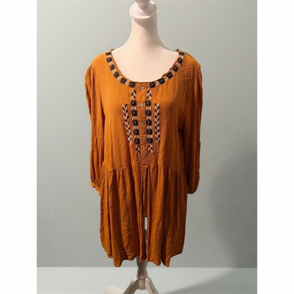 Chemistry Tunic Dress Womens L Mustard Gold Boho Babydoll Embroidered